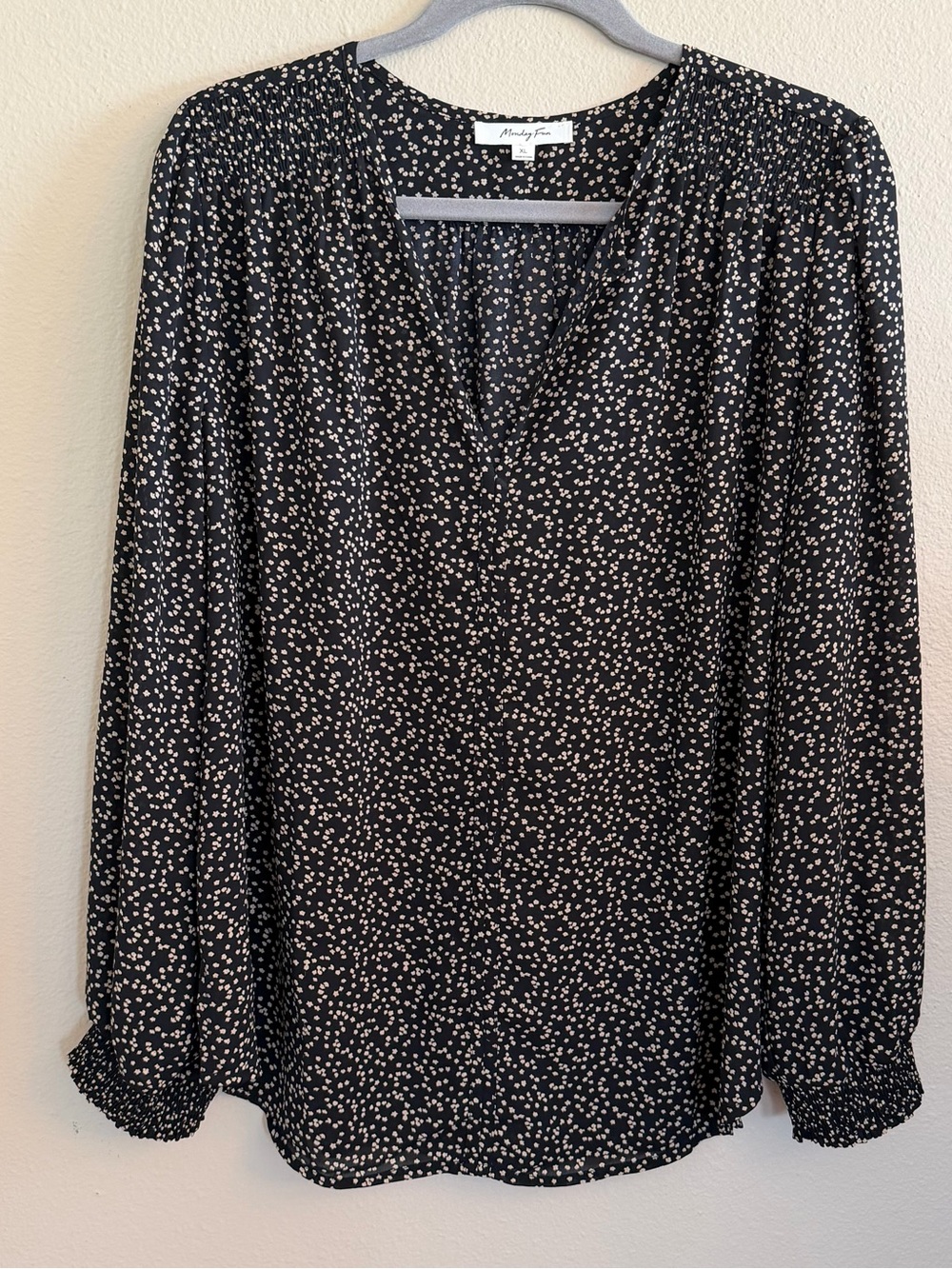 Smocked Shoulder Black Blouse with Cream Dot Print by Monday Fun
